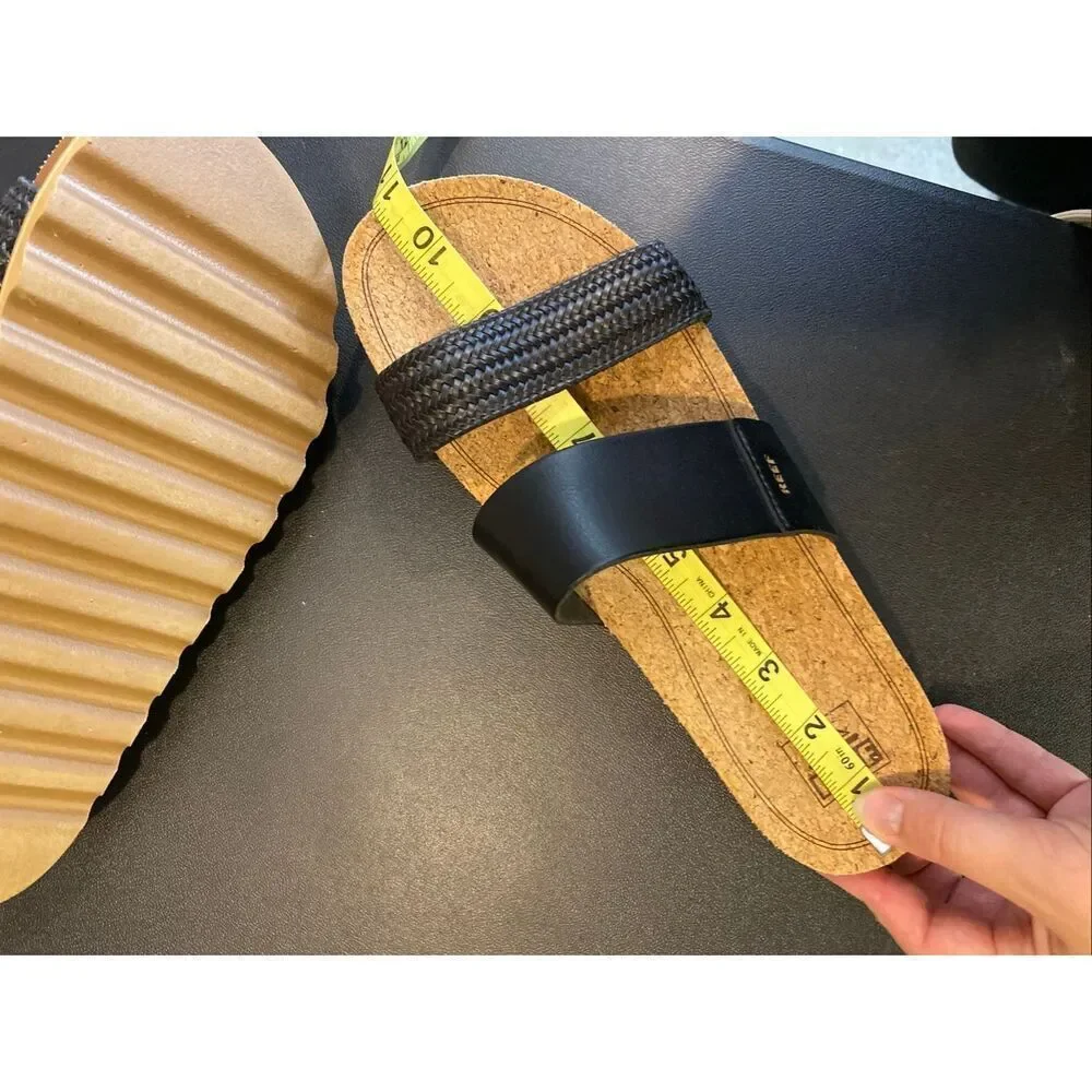 REEF • Black Vegan Leather Braided Double Strap Tan Cork/Foam 2” Sole Slide Sand